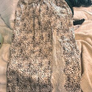 Leopard Print Satin Slip Skirt with Lace Trim - Beige & Black - Aerie